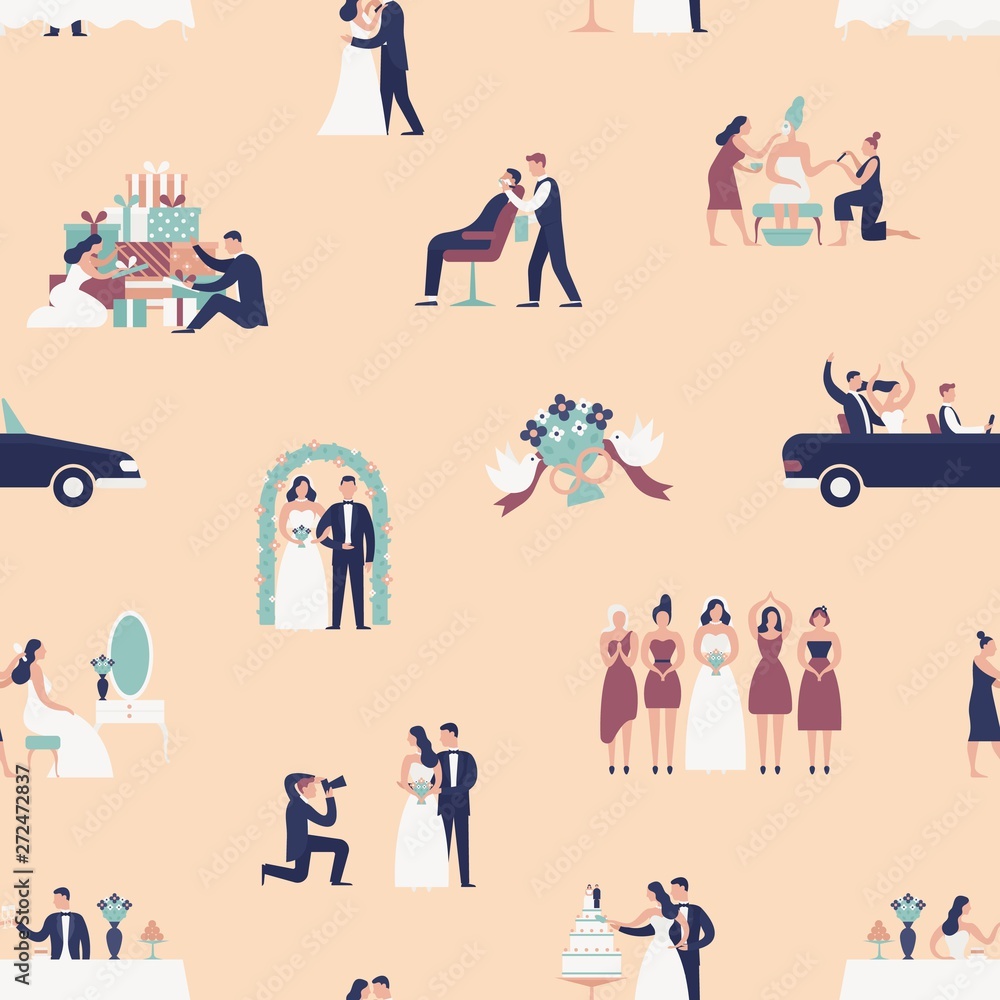 Seamless pattern with bride and groom preparing for wedding ceremony. Backdrop with preparations for marriage and celebration party on light background. Flat cartoon colorful vector illustration. Seamless pattern with bride and groom preparing for wedding ceremony. Backdrop with preparations for marriage and celebration party on light background. Flat cartoon colorful vector illustration.
