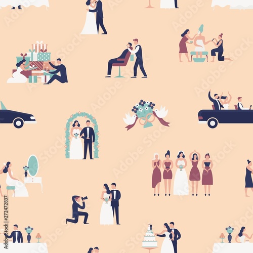 Seamless pattern with bride and groom preparing for wedding ceremony. Backdrop with preparations for marriage and celebration party on light background. Flat cartoon colorful vector illustration. © Good Studio