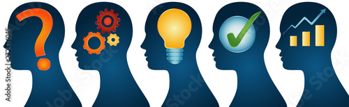Human head series isolated profile - problem - analysis - inspiration - idea - approval - solution and success. Problem solution concept. Strategy concept
