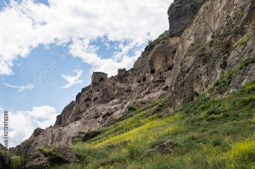Vardzia is a cave monastery site excavated from Erusheti Mountain on the left bank of the Mtkvari River, near Aspindza