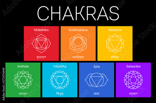 Chakras set: muladhara, swadhisthana, manipura, anahata, vishuddha, ajna, sahasrara. Vector line symbol. Om sign