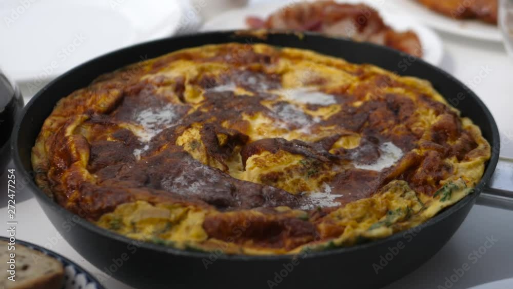Perfect breakfast with baked bacon, eggs, salad, toasts, coffe, and apple pie Perfect breakfast with baked bacon, eggs, salad, toasts, coffe, and apple pie