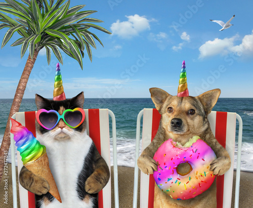 Fototapeta Naklejka Na Ścianę i Meble -  The cat unicorn in sunglasses is eating ice cream cone and dog unicorn is eating a colored donut. They sit under the palm tree on a beach chairs by the sea together.