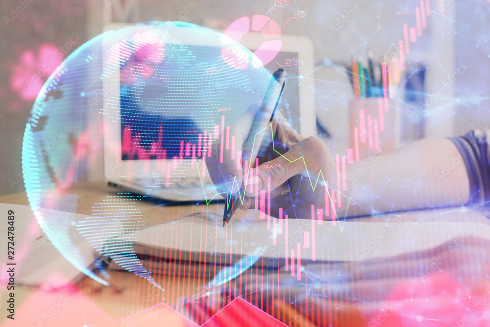 International business hud over woman's hands writing background. Concept of hard work. Double exposure International business hud over woman's hands writing background. Concept of hard work. Double exposure