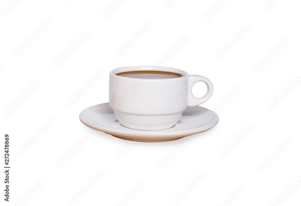 Coffee cup on wooden table isolated on white background with clipping path