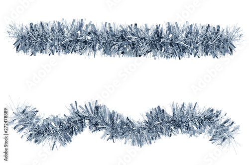Two Christmas tinsel silver color for decoration. White isolate