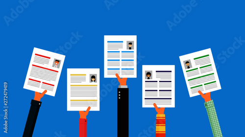 hands holding a cv resume documents. searching professional staff Isolated on blue background. Vector Illustration.