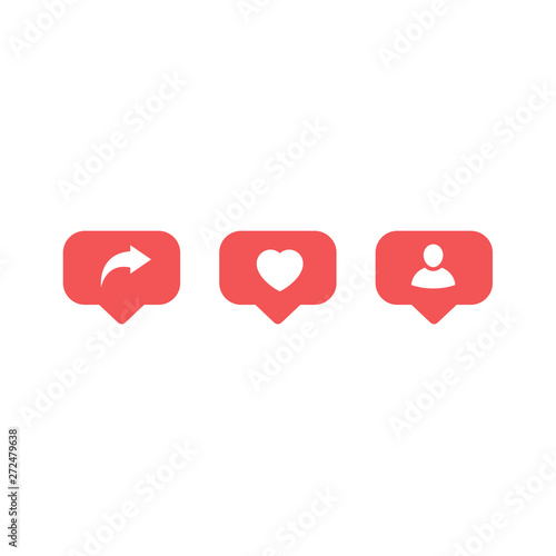 Social media set notifications icons .Flat design social network rating icons: thumbs up icon, heart symbol, repost and new follower set