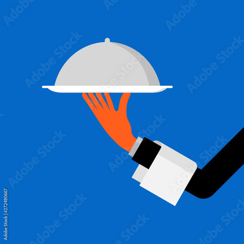 waiter hand holding a  restaurant cloche. food serving tray isolated on blue background vector illustration