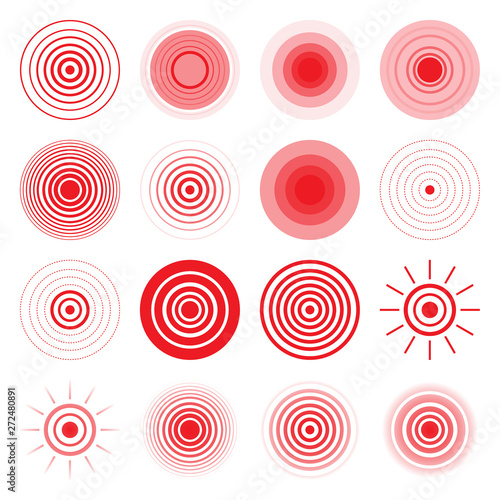 Set of pain red circle or localization mark, aching place sign. Abstract vector symbol of the disease focus.