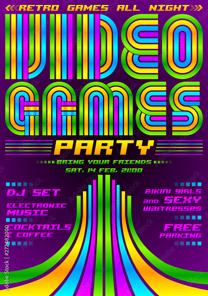 Video Games party, poster event template, eighties games style vector illustration