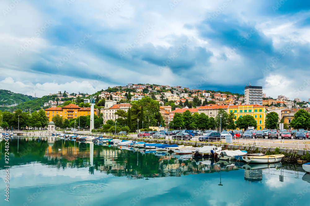 Rijeka, Croatia: Rjecina river with Liberation Monument, boats and view over the city and Trsat castle