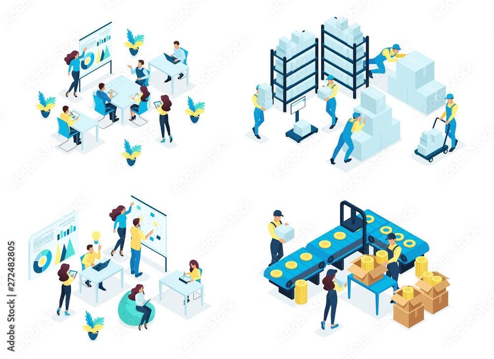 Isometric Set concept warehouse, holding company, business training, industrial enterprise. Modern vector illustration concepts for website