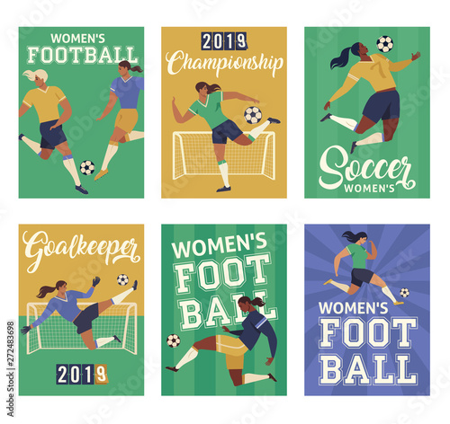 Womens Football soccer players, set of posters.