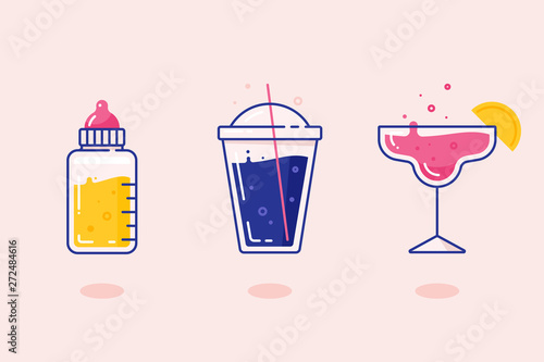Vector drinks icons. Baby bottle, smoothie, strawberry margarita illustrations