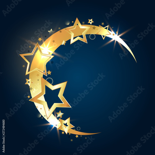 Beautiful half moon on a blue background with golden stars