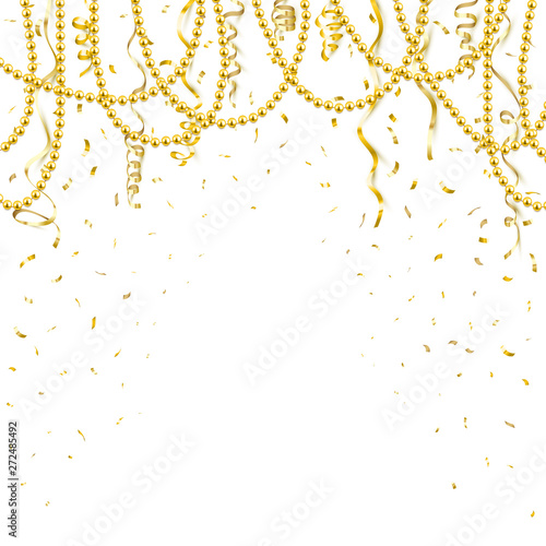 Decorative frame with shiny realistic gold beads, jewelry, vector illustration background