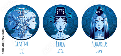 Air zodiac set, beautiful girls, Gemini, Libra, Aquarius, horoscope symbol, star sign, vector illustration