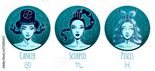 Water zodiac set, beautiful girls, Cancer, Scoprio, Pisces, horoscope symbol, star sign, vector illustration
