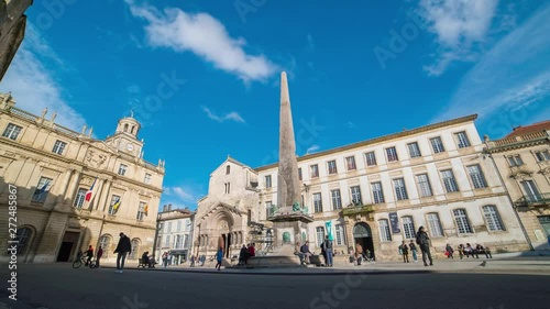 Arles, Provence, France. Place de la Republique, main square of the city. Unidentified people passing in a time hyper lapse video