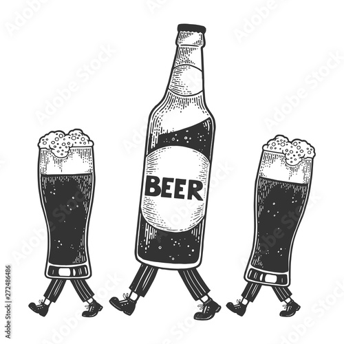 Beer bottle with glass cups walks on its feet sketch engraving vector illustration. Scratch board style imitation. Black and white hand drawn image.