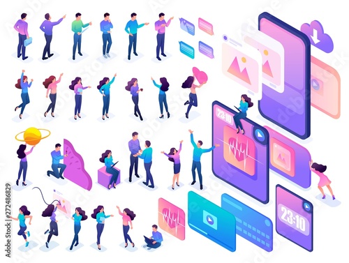 Isometric teenagers in bright clothes with a large set of mobile phones and tablets. Set to create a conceptual design