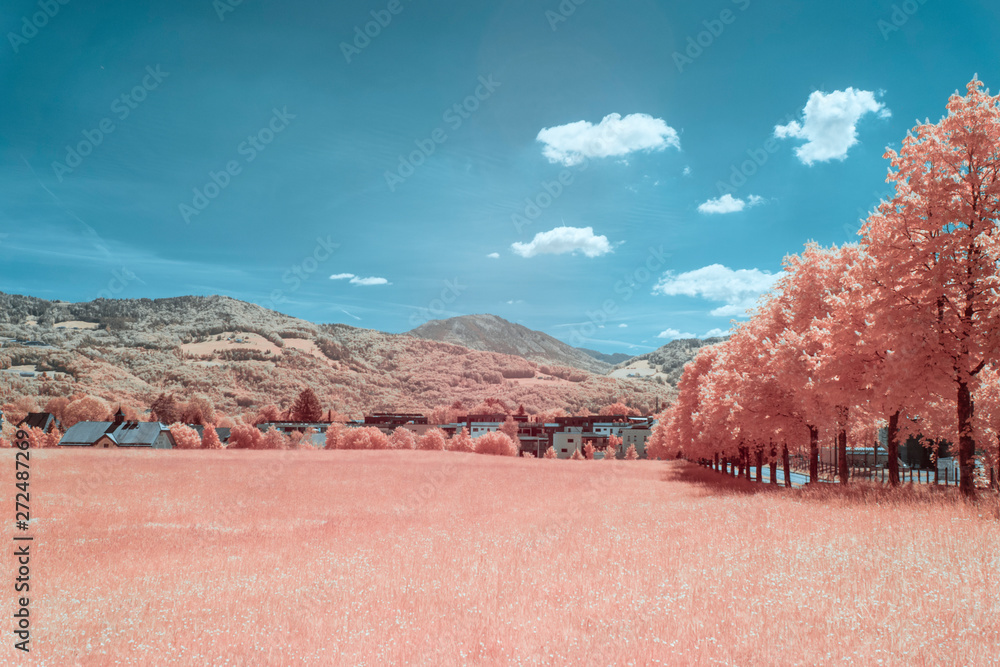 Rural landscape in the city Salzburg in spring, shot in Infrared IR