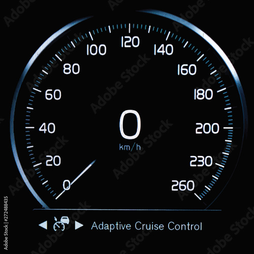 Vector illustration of circular car speedometer with Adaptive Cruise Control (ACC) light indicator. Modern digital car display showing turn on the cruise control mode.