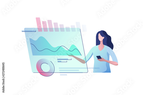 Young woman with a virtual monitor. Concept of digital technology. Remote business process management. Vector illustration.