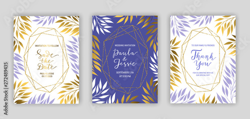 Invitation card templates. Elegant hand drawn eucalyptus branches with violet, golden leaves decor. Thank you lettering phrase. Crystal gold glitter texture frame. EPS 10 vector illustration