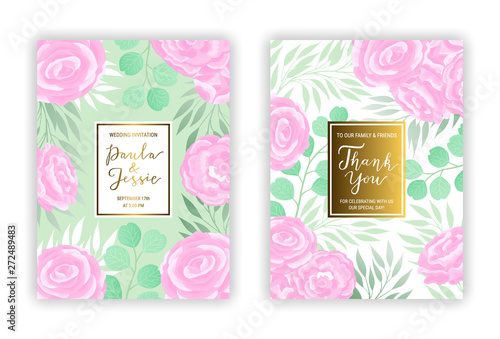 Floral wedding invitation card template EPS 10 vector set. Elegant pastel green branches, leaves, pink ranunculus flower pattern background. Thank you hand-drawn lettering phrase inscription