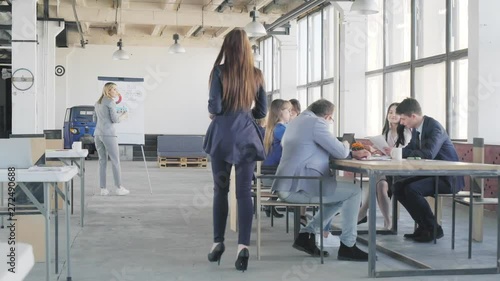 The employee completed the preparation for the presentation on the glass board and went to help her colleague to the flipchart. Nearby a business team holds a meeting. Coworking
