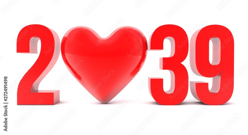 3d illustration of 2039 Text with heart 3d illustration of 2039 Text with heart