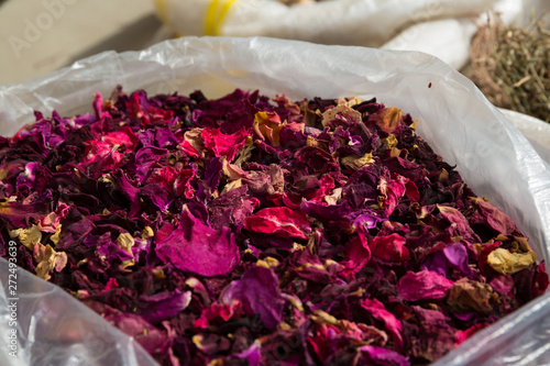 Different herbs in bags on a street market in Lagich, Azerbaijan. photo