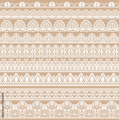 Horizontally seamless beige lace background with lace ribbons