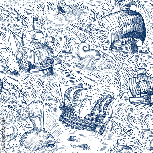 Marine map. Vintage seamless pattern with ships and monsters