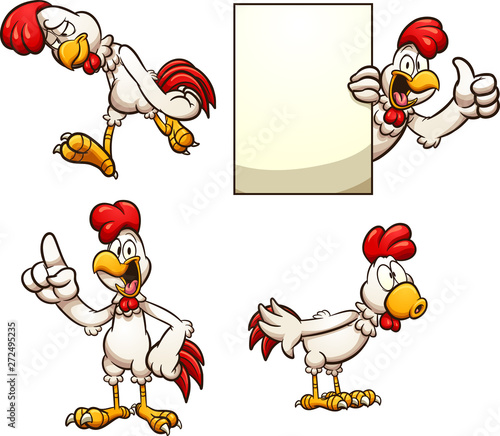 Cartoon chicken in different poses clip art. Vector illustration with simple gradients. Each on a separate layer.