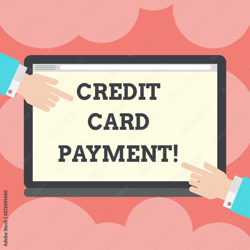 Writing note showing Credit Card Payment. Business photo showcasing made to buy something using smart way Input money Hu analysis Hands Pointing on a Blank Color Tablet Screen