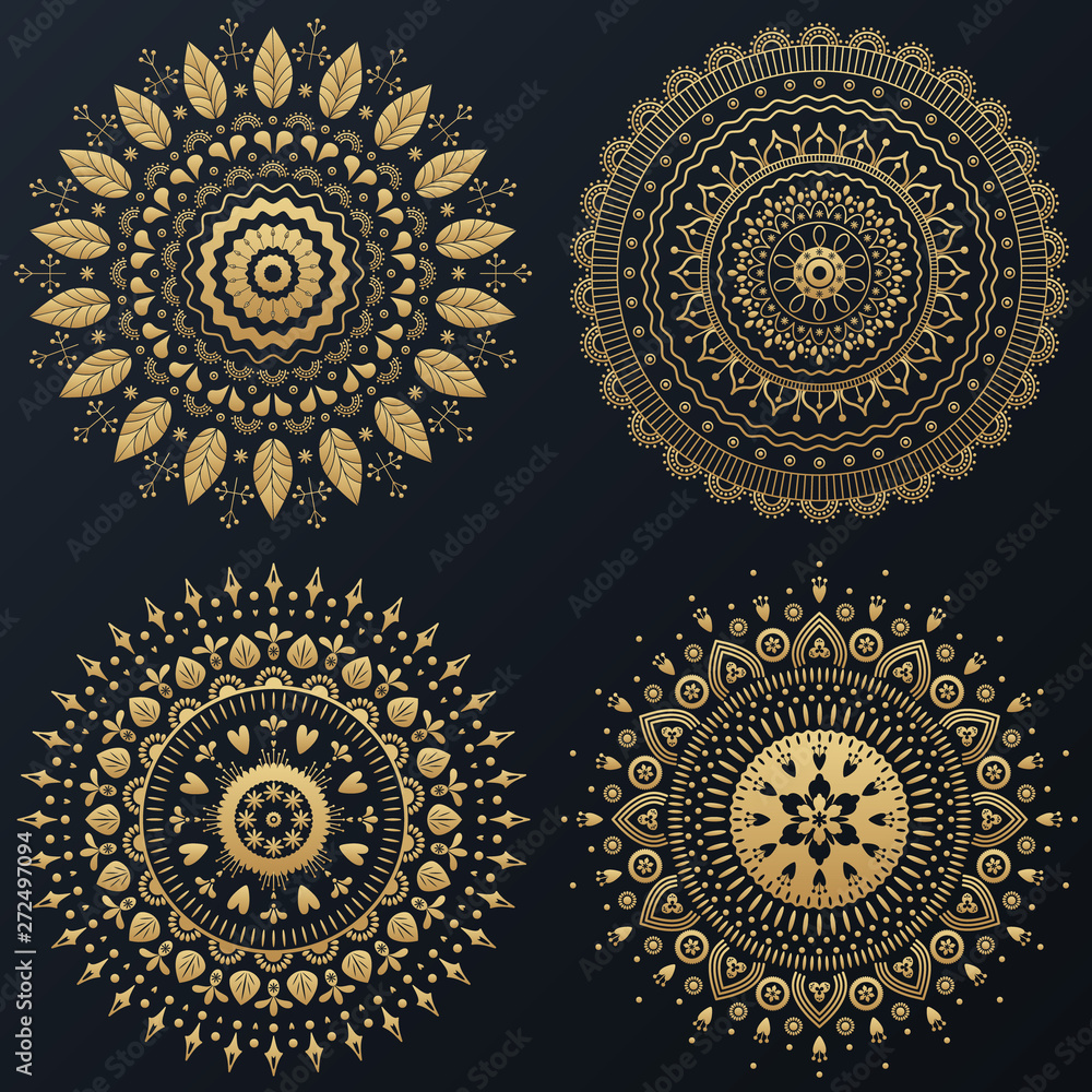 Set of Ethnic gold flower ornamental wreath. Vector boho lifestyle illustration.