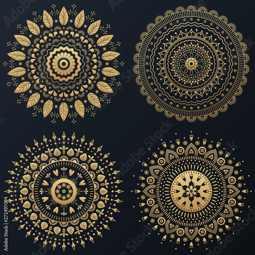 Obraz na płótnie Set of Ethnic gold flower ornamental wreath. Vector boho lifestyle illustration. w salonie
