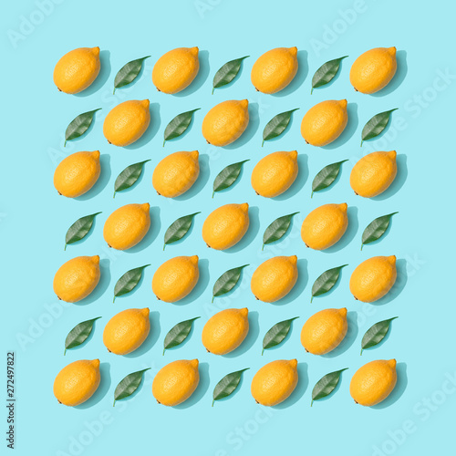 Fototapeta Naklejka Na Ścianę i Meble -  Lemons and leaves pattern on pastel blue background. Minimal nature concept. Fruit flat lay.