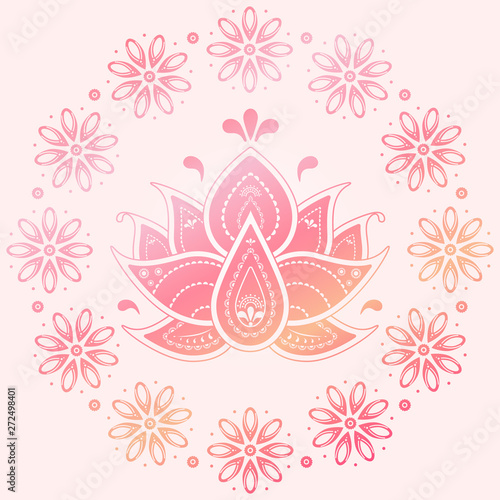 india lotus with namaste text. Cute pretty folk illustration on pink background