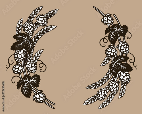 Beer hops branches with wheat barley ears, leaves and hop cones. Elements for brewery design, beer prodaction, pub and bar decoration. Hand drawn vector.