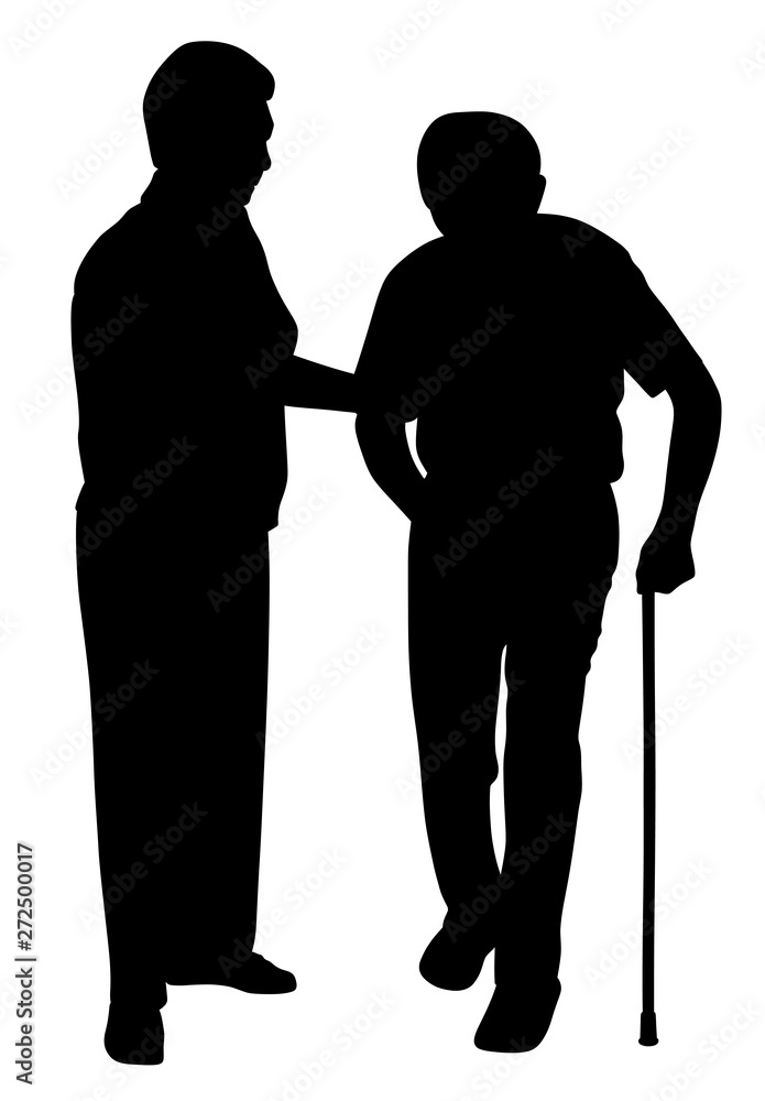 Senior woman supporting senior man with walking stick