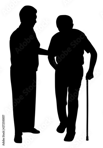 Senior woman supporting senior man with walking stick