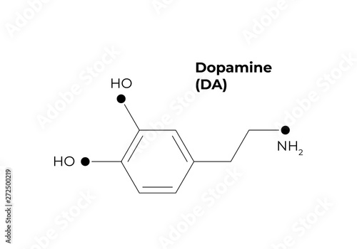 Vector hormones minimalistic banner template. Dopamine structure black isolated on white background. Hormone assosiated with aged brain disease. Design for science, education, presentation.