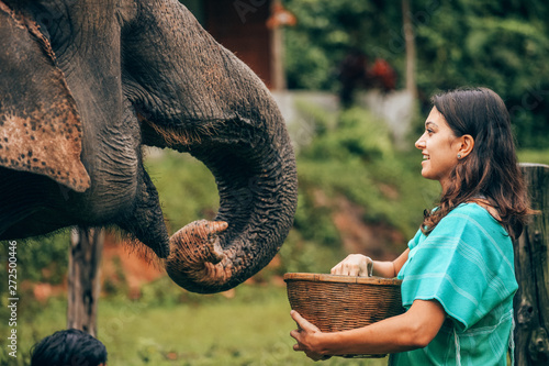 Photography Girl having fun with elephants at Patara Elephant Farm, Chiang Mai, Thailand