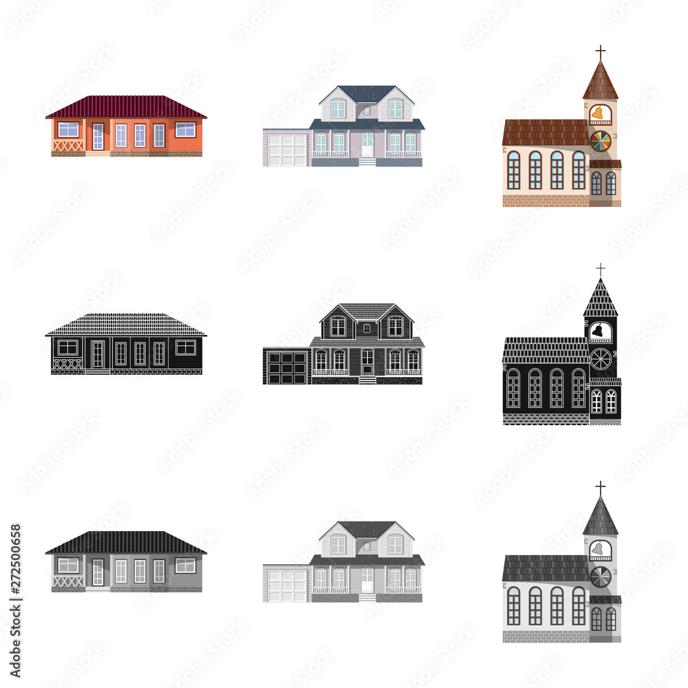 Isolated object of building and front sign. Collection of building and roof vector icon for stock.