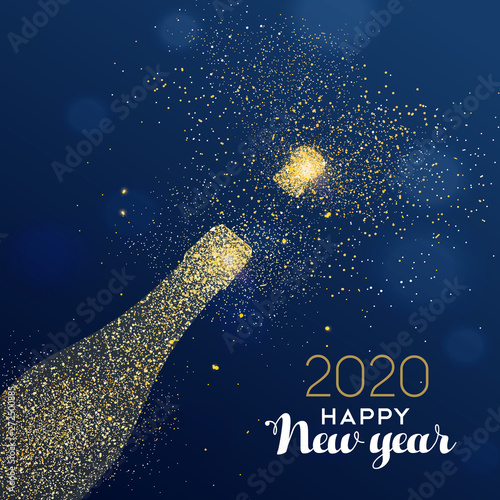 New Year 2020 card of glitter champagne bottle