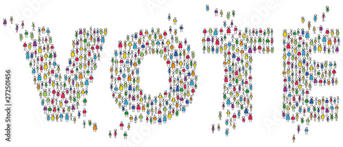 Colorful stick people call for VOTE, shaping word